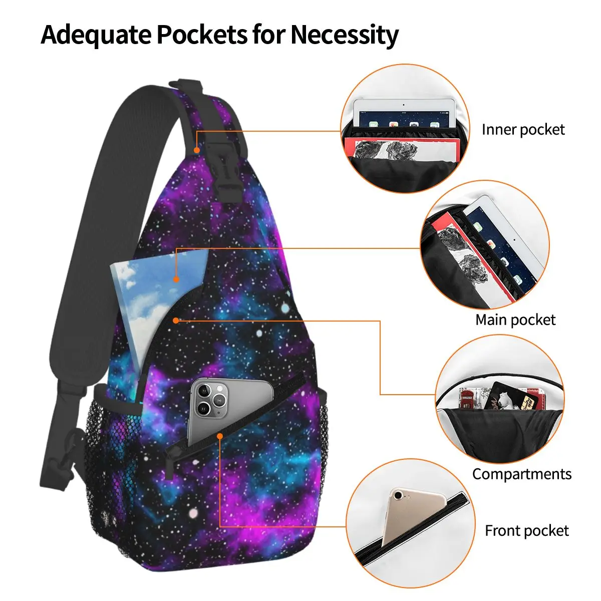 Purple And Blue Galaxy Chest Bag Men Sling Crossbody Backpack Chest Bag Travel Hiking Daypack Shoulder Bag