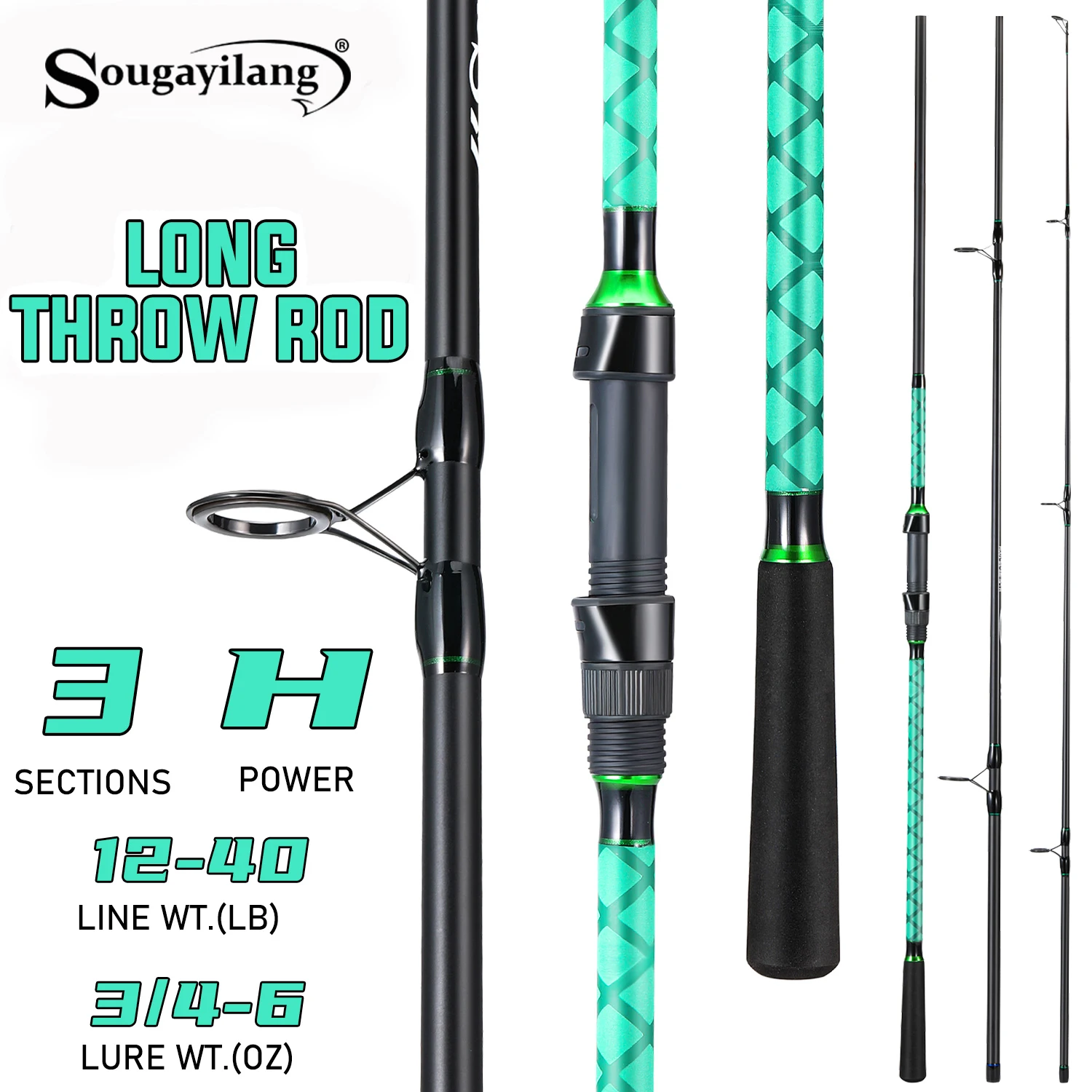 Sougayilang 3 Sections Carp Fishing Rod High Carbon Fiber Long Throw Surf Spinning Rod 12-40LB Line Wt. Heavy Power Fishing Pole