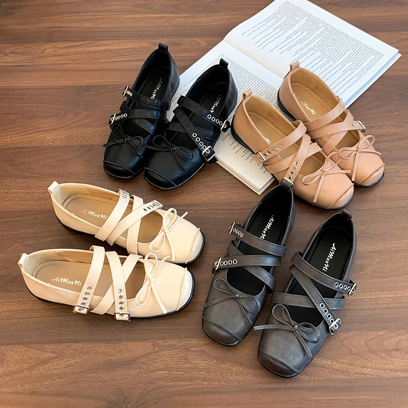 مصمم جديد خنزير الأنف ماري جين أحذية الباليه النمط الفرنسي الانزلاق على مشبك حذاء نسائي ريترو مربع رئيس فستان كعب منخفض الأحذية