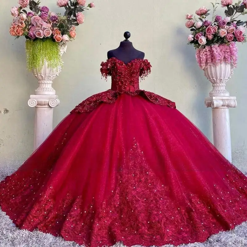 Luxury Flower Burgundy Quinceanrea Dresses 2024 Wine Red Vestido De 15 Quinceañera 2024 Birthday Party Gown Layers Sweet 16 Miss