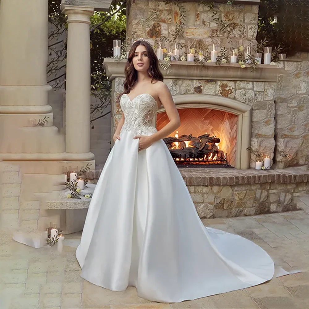 Suknia ślubna Suknia dla panny młodej Linia A Bez ramiączek Aplikacje Drapowana Suknia ślubna Suknie ślubne Suknia ślubna formalna Suknia ślubna Vestido De Novia Boda