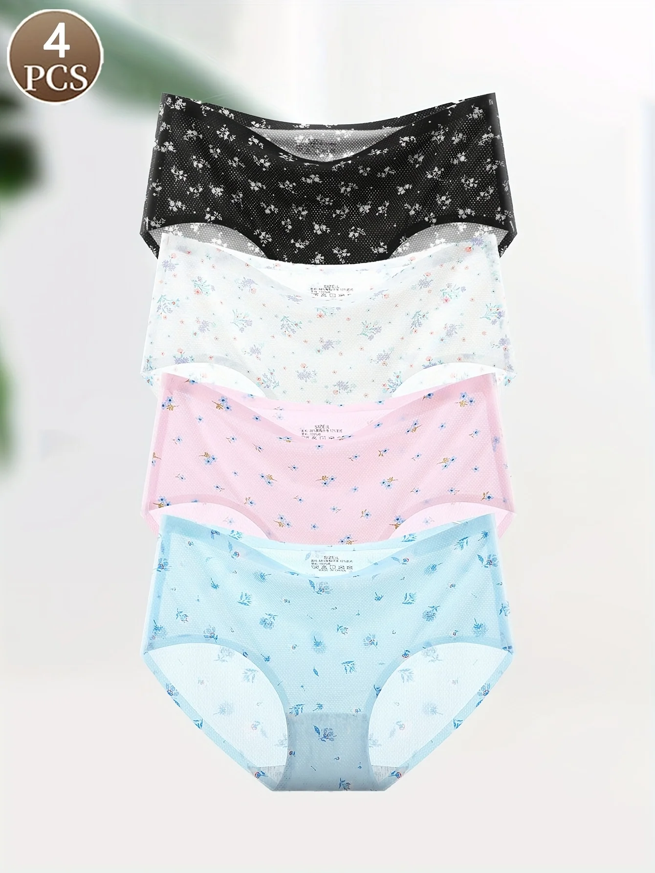 4PCS süße und süße florale spurlose atmungsaktive Eisseide Damenhöschen mittlere Taille bequeme Damen-Slips.