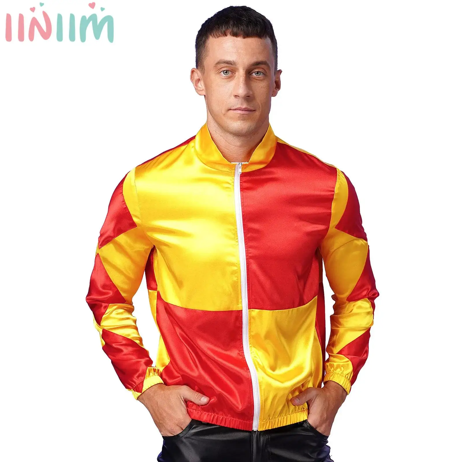 Mens Party Horse Trainer Satin Jackets Front Zipper Contrast Checkerboard Outerwear Adult Halloween Cosplay Party Fancy Costume