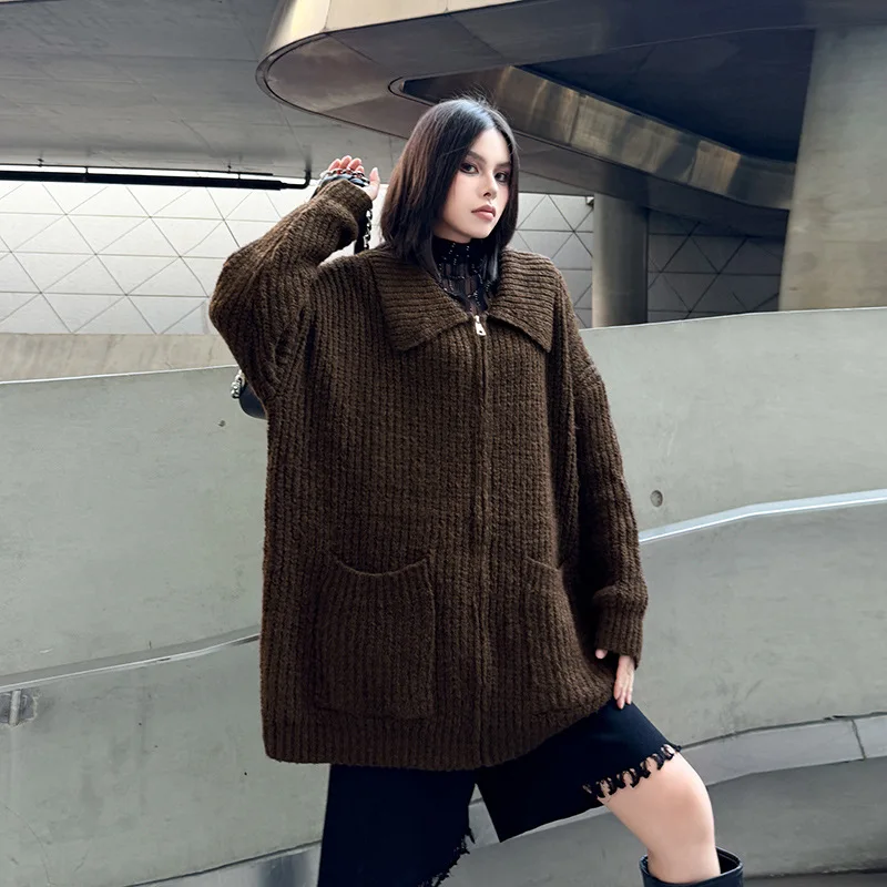 

SuperAen Japan Style Fashion Lapel Zipper Cardigan Knitted Sweater for Women's 2025 Autumn and Winter New Loose Solid Color Coat