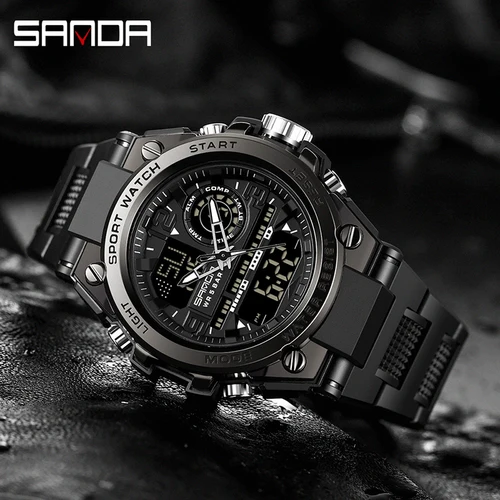 Imagen 2 del producto Relojes deportivos de cuarzo SANDA para hombre, relojes de pulsera digitales electrónicos LED con pantalla Dual, reloj militar resistente al agua, relojes masculinos