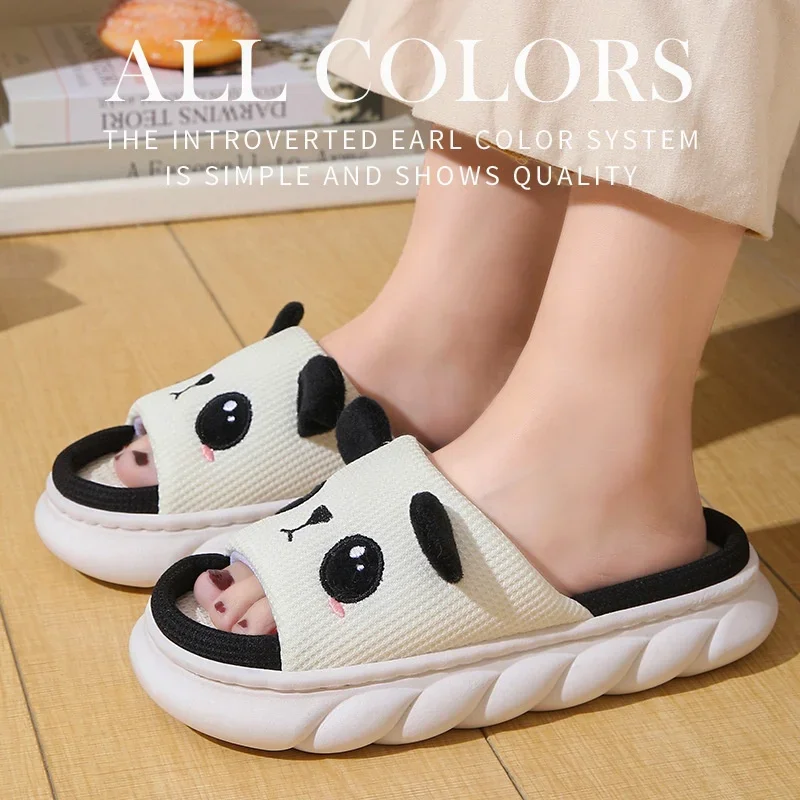 Cute Cartoon Cow Unisex Linen Slippers Autumn and Winter Slides Mule Men and Women Home Shoes Non-slip Flip Flops