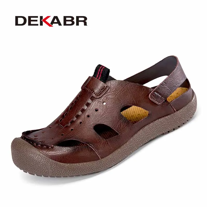 Sandalias de cuero genuino para hombre, modelo DEKABR, ideales para el verano, con puntera cerrada, diseño de horma ancha, suela de goma, transpirables y resistentes al desgaste.
