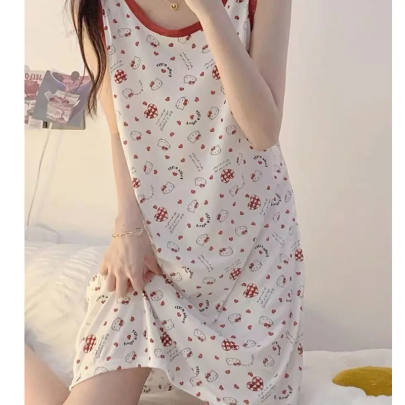 Sanrio Hello Kitty Summer Dress Pajamas For Women Cute Print Nightdress Vest Sleepwear Kuromi Girl Sleeveless Home Clothes New