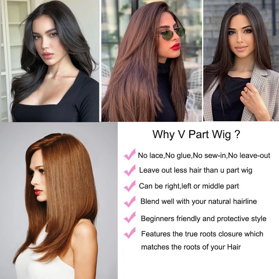 Wig rambut manusia Bagian V uperfect tidak ada rambut manusia lurus Brasil untuk wanita dengan kepadatan 150/180 dan rambut manusia Remy