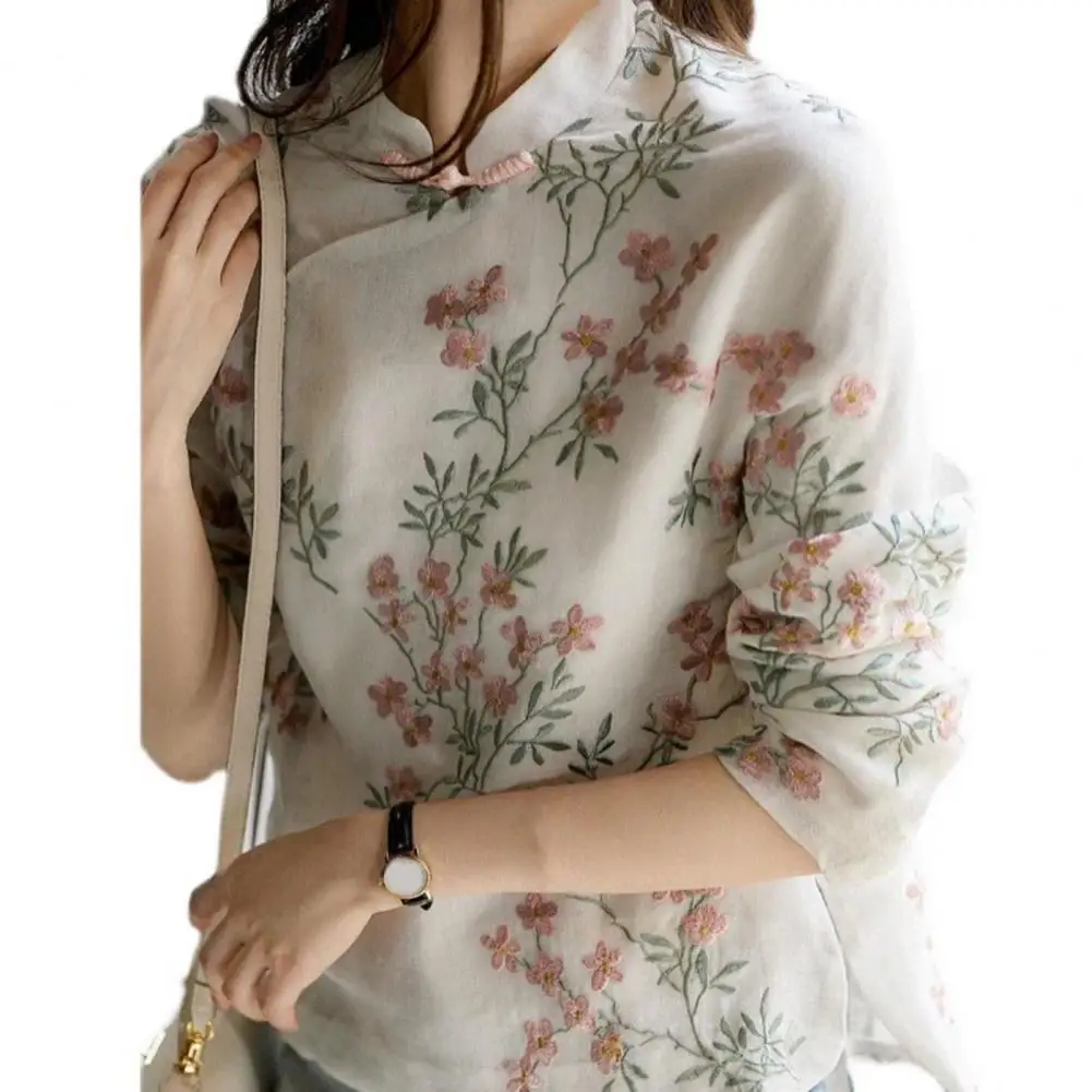 Elegant Long Sleeve Cheongsam Shirt Chinese Style Embroidery Women Shirt Elegant Peach Blossom Retro Shirt Women's Clothing