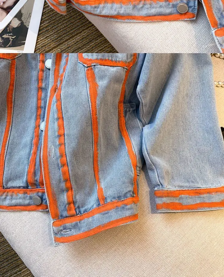 Retro ผู้หญิงลาย Graffiti Contrasting สี DENIM แจ็คเก็ตฤดูใบไม้ผลิฤดูใบไม้ร่วงมือทาสีกางเกงยีนส์ PLUS ขนาดคาวบอยเสื้อสเวตเตอร์ถัก