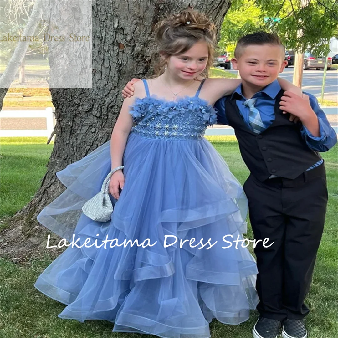 Blue Fluffy Princess Sleeveless Tulle Flower Girl Dress Customized Banquet Costumes for Dance Parties and Parties