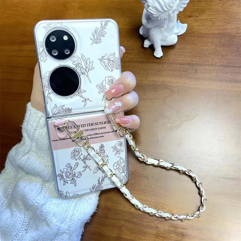 For Huawei P50 Pocket 2 Pockets Cover With Holder Flower Handheld Scarf Bracelet Wristband Chain Strap Case Soft Back All Cover image 6