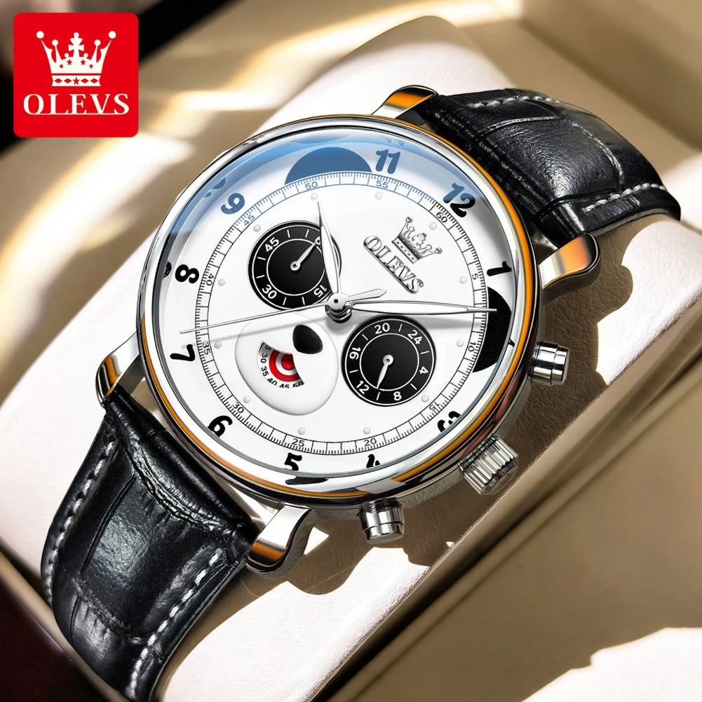 OLEVS 3753 Brand Movement Men Fashion Watch Leather Strap Fun Panda Design 24-hour Dial Stopwatch Luminous Function Quartz Watch
