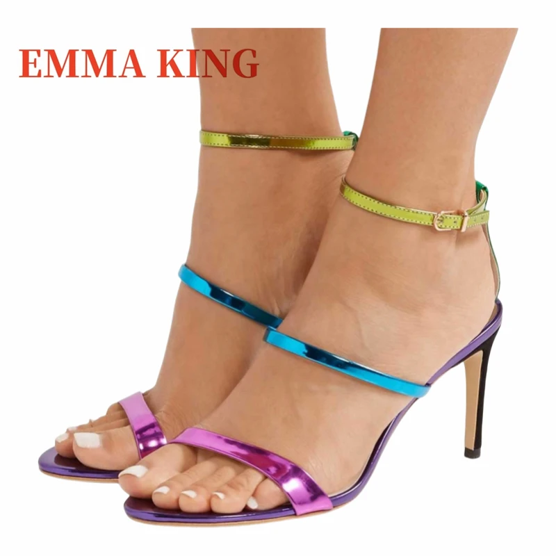 صنادل نسائية متعددة الألوان من الجلد المعدني بكعب ستيليتو مفتوحة من الأمام بحزام الكاحل أحذية رسمية لحفلات الزفاف مقاس 35-44
