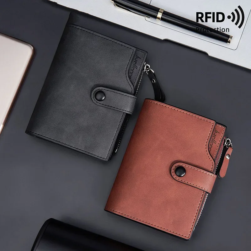 Cartera RFID de lujo de alta calidad para hombre, billeteras cortas de cuero PU para hombre, monedero con cerrojo y cremallera a la moda triple