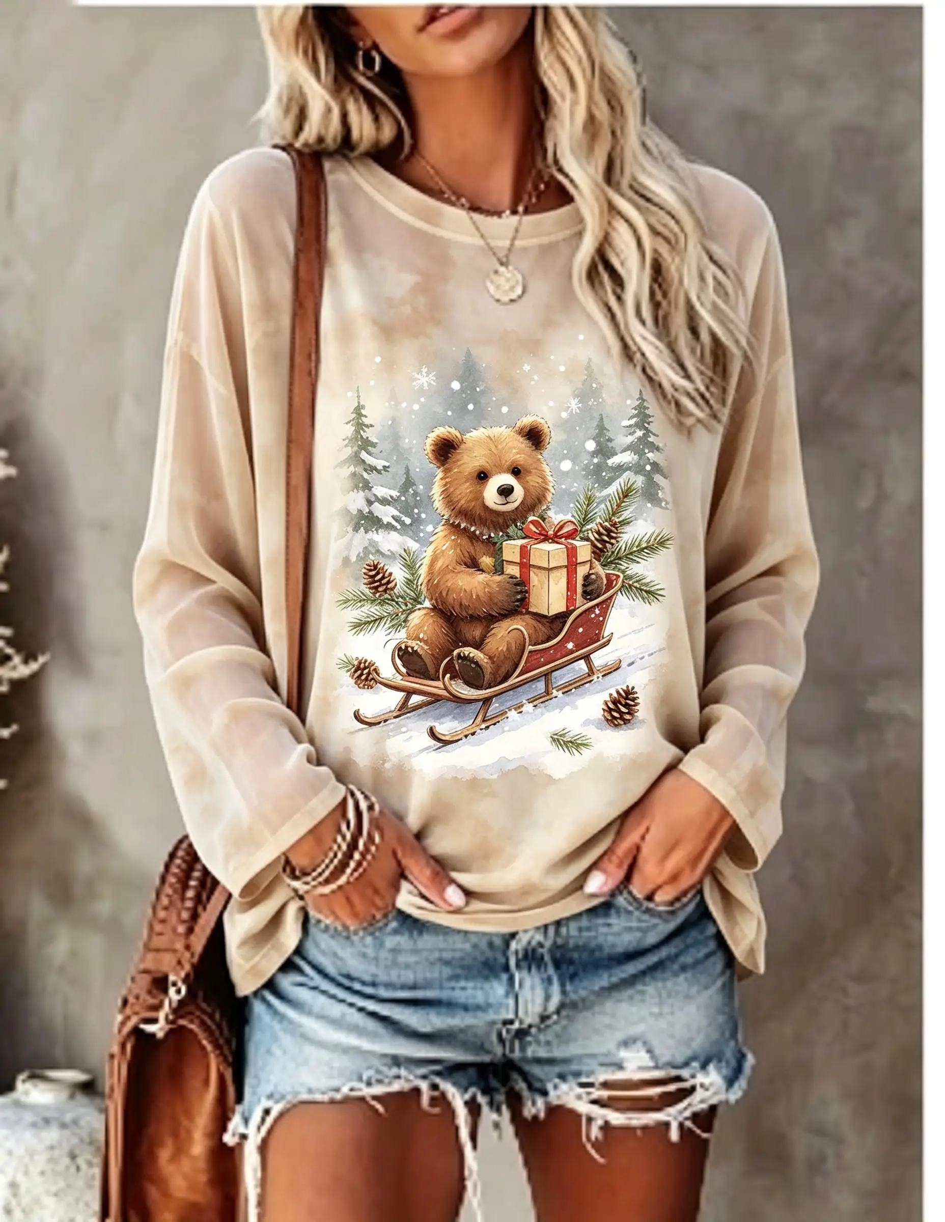 Women Long Sleeve T Shirt Santa Claus Sleigh Reindeer Snow Christmas Print Crew Neck Casual Fall Tops image 2
