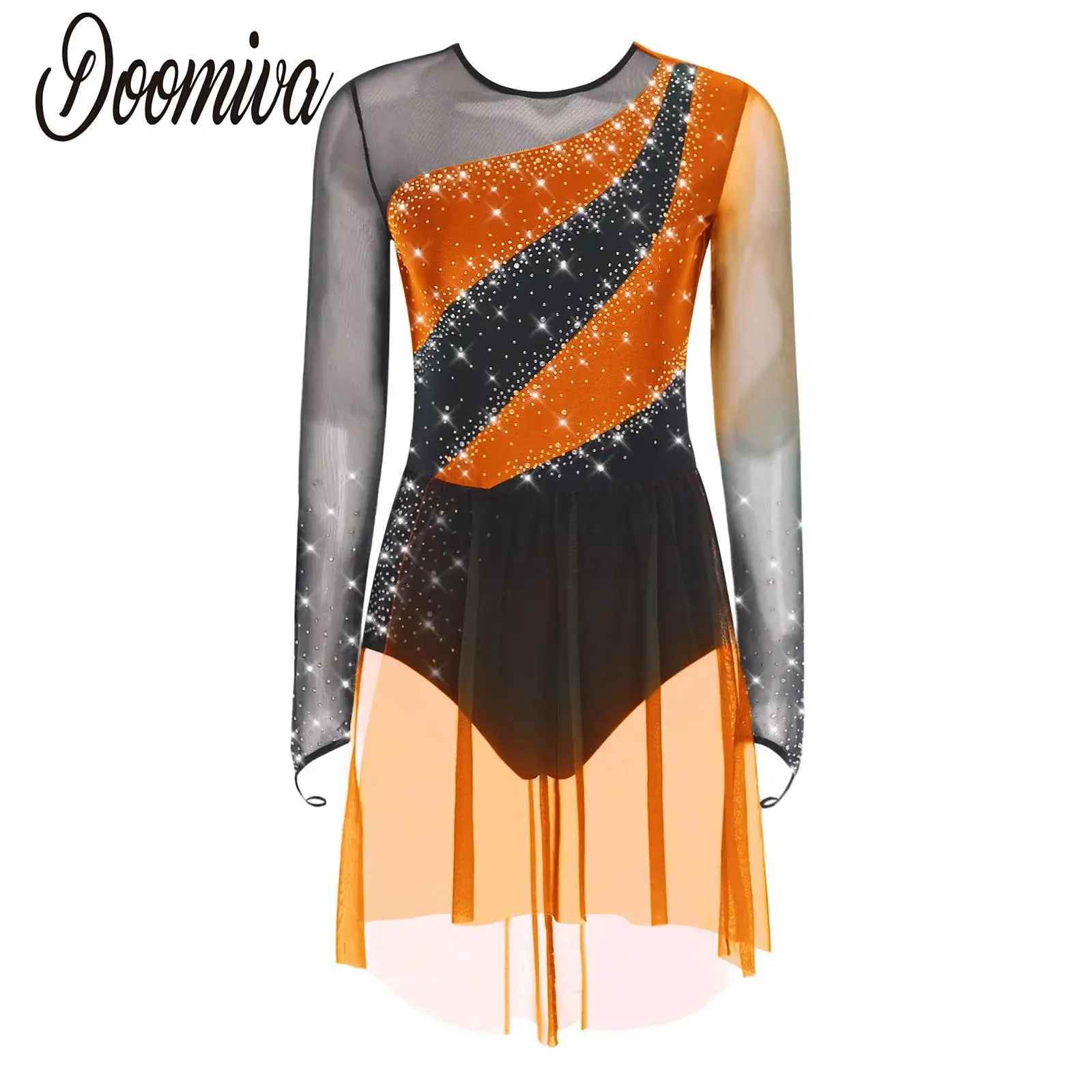 

Women Leotard Dance Dress for Figure Skating Ballet Lyrical Dancing Costume Rhinestones Mesh Sleeves Dress Dancewear Gymnastics