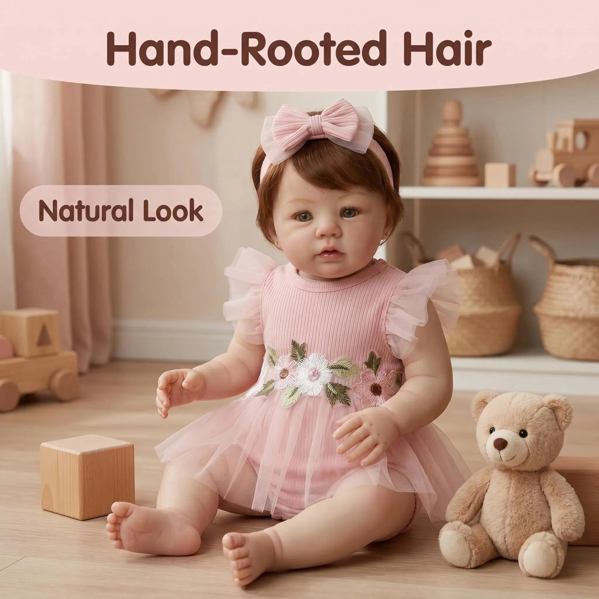 NPK 19inch Full Vinyl Body Girl Abigail Lifelike Reborn Toddler Baby Doll Rooted Hair With Pink Dress