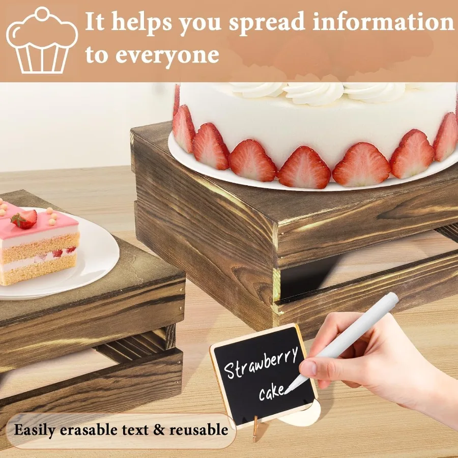 6 Pcs Buffet Risers with Mini Signs Rustic Wood Cake Stands Food Risers for Buffet Table Dessert Display Stand Wood Crates Rust