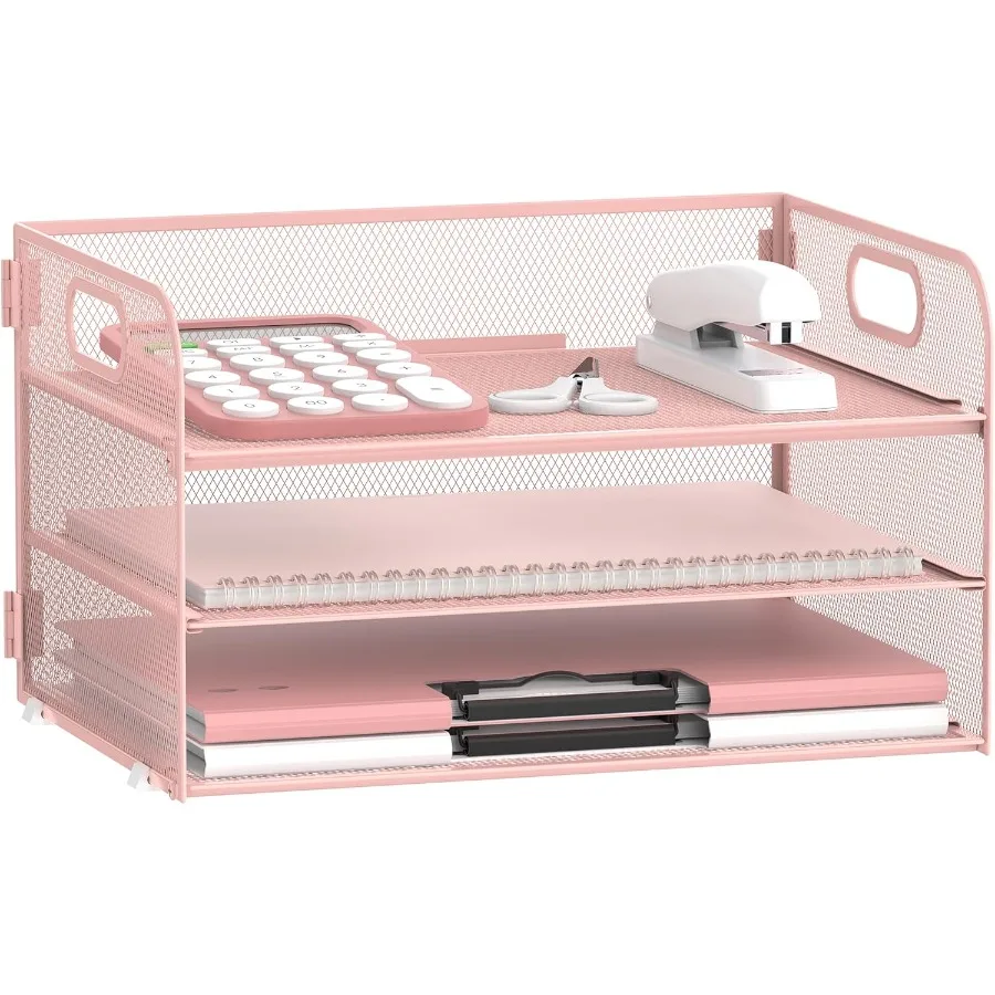 منظم ورق من 3 طبقات مع مقبض لتخزين المكتب، صينية رسائل بتصميم شبكي لملفات A4 والوثائق، ملف سطح المكتب الوردي المدمج #2