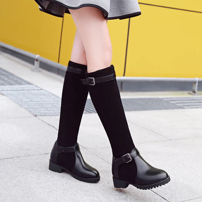 2022 new Women knee-high boots plus size 22-27CM PU+flock upper modern boots Vintage mixed color buckle fashion long boots