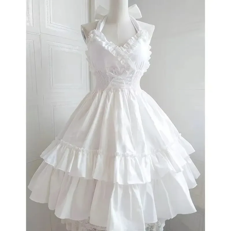 Women Vintage Lolita JSK Dress Ruffles Halter Collar Slim Sweet Wedding Party Dress