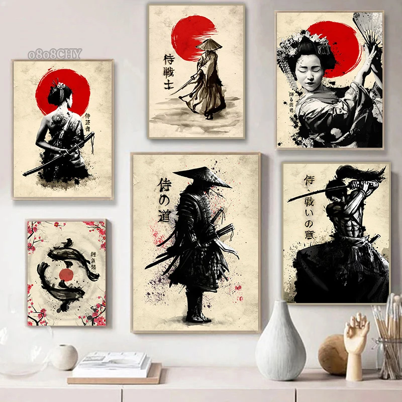 

Vintage Japanese Culture Wall Art Posters Japan Cherry Tree Geisha Samurai Warrior Koi Fish Canvas Paintings Retro Home Decor