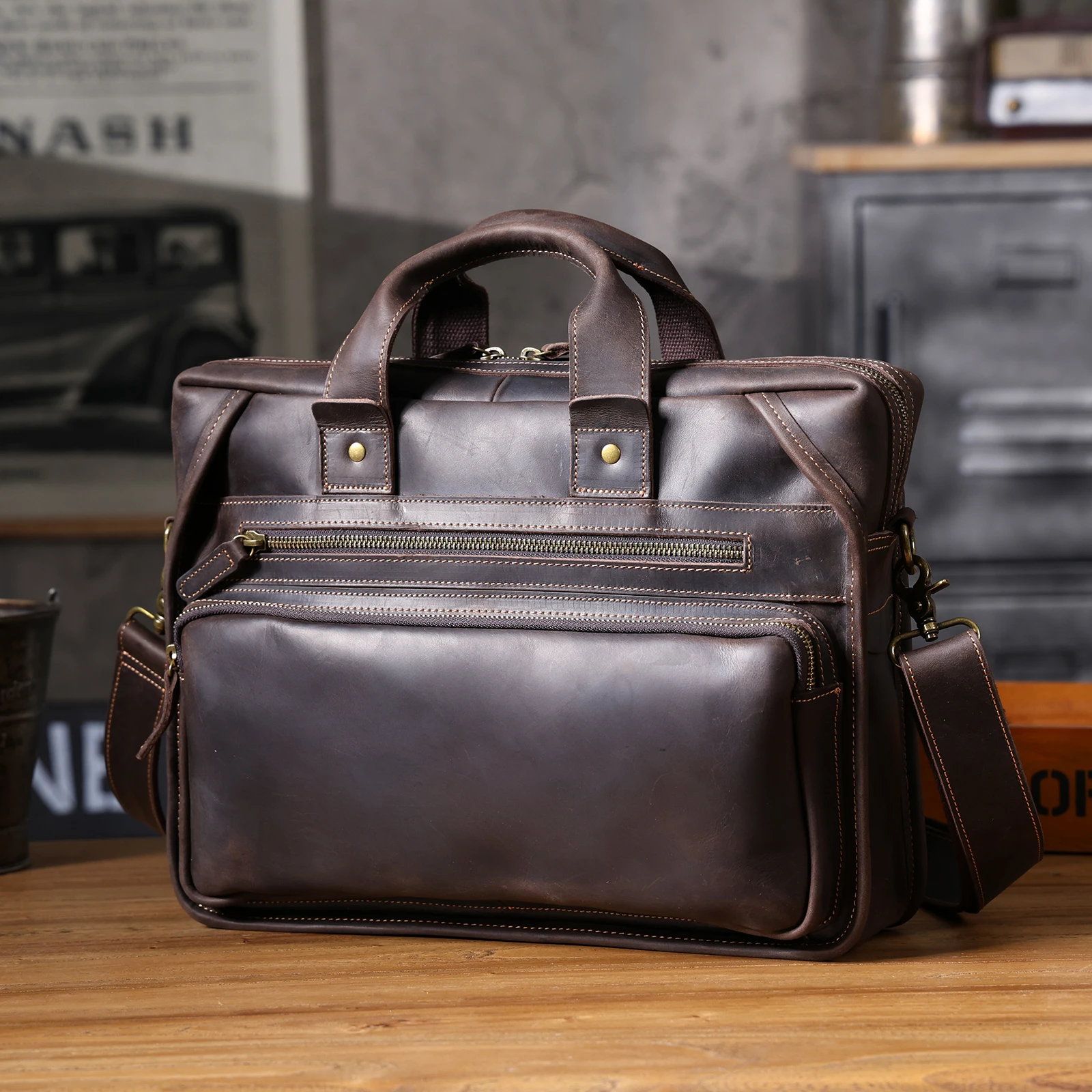 Vintage Echtleder Herren-Aktentasche 14" Laptop-Tasche Crazy Horse Leder Messenger-Handtasche Rindsleder Geschenkidee für Männer – Detail 9