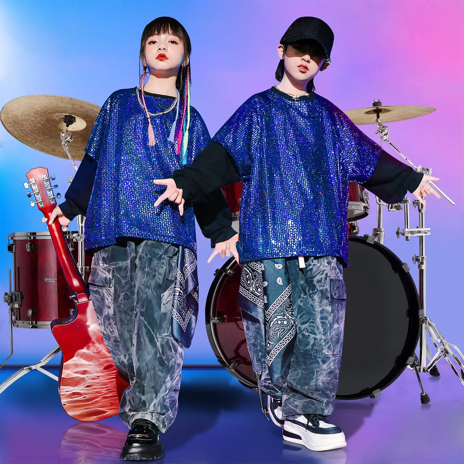 Fashion Loose Sequin Top Pants Suit Children'S Drum Jazz Dance Costumes Boys Rave Clothes Girls Ballroom Hip Hop Clothes DN12701