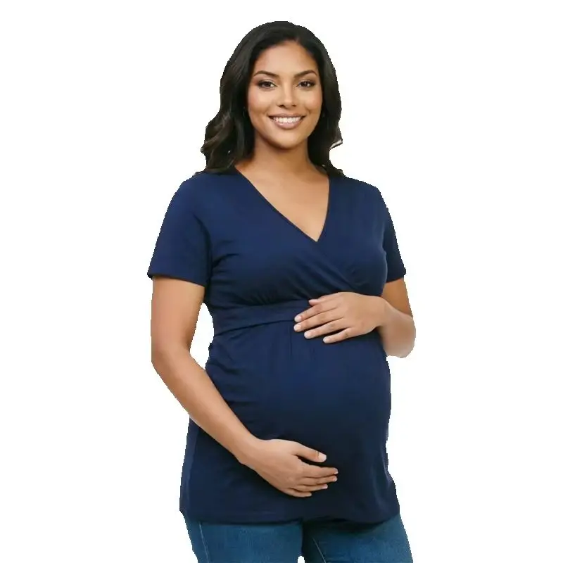 Wrap Surplice Nursing Maternity Top Short Sleeve V Neck Empire Waist Pleated Soft Cotton Plus Size Pregnant Women Daily Tunic