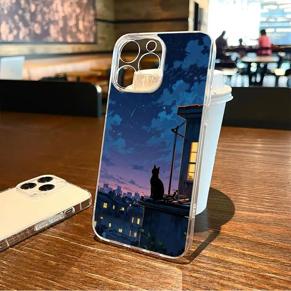 حافظة هاتف قطة تنظر إلى النجوم في السماء الليلية لهاتف آيفون 17,16,15,14,13,12,11 Plus,Pro Max غطاء شفاف ناعم #2