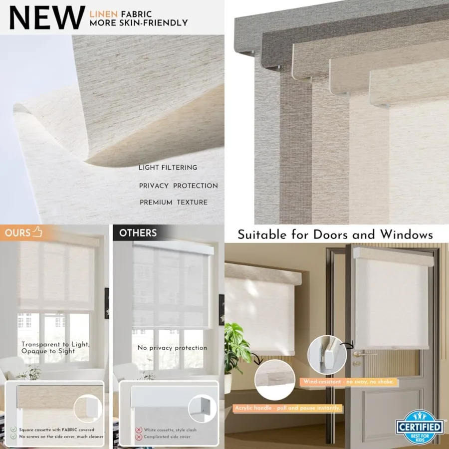

Light Filtering Roller Shades for Indoor Windows Blinds, Cordless, Linen Fabric, Thermal Insulated Fabric UV Protection Shades
