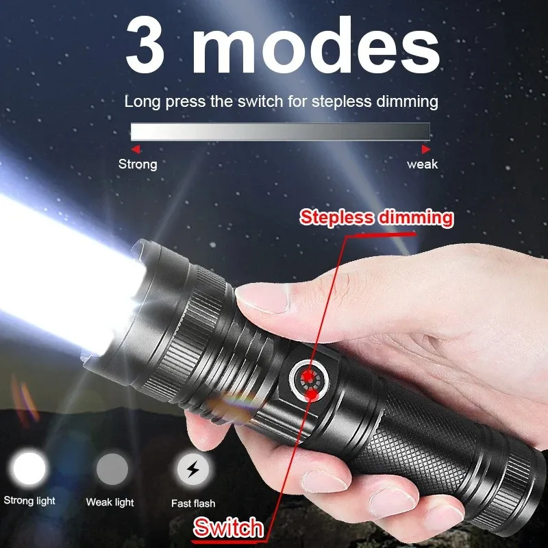 3 Modes 500W LED Flashlight USB Type-C Rechargeable Tactical Torch 2500M Ultra Powerful Outdoor Camping Waterproof Flashlight