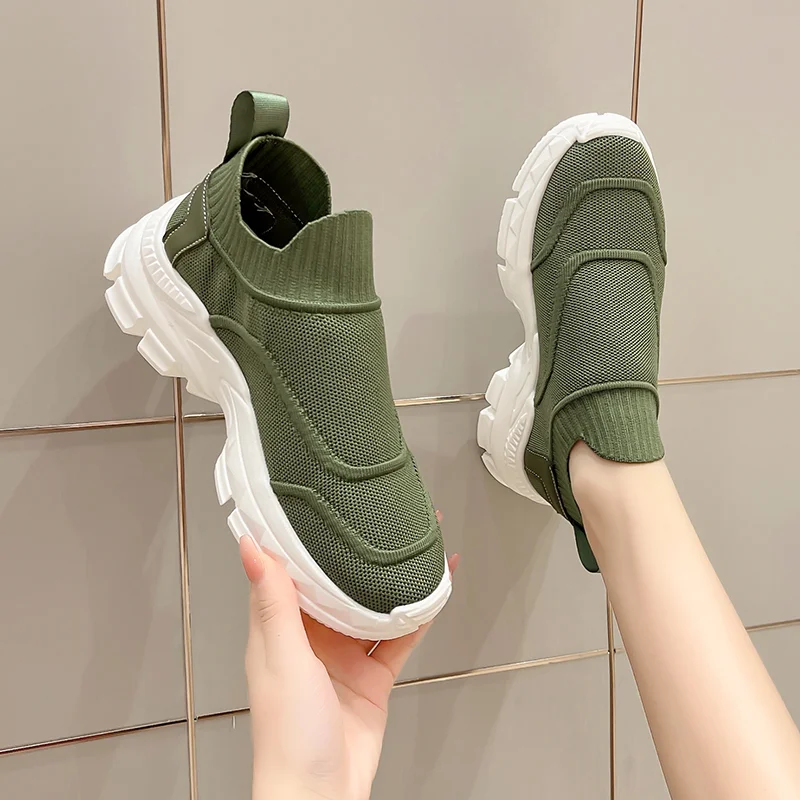 New Comfortable Women Sneakers Casual Slip on Wedge Heels Ladies Solid Sports Running Shoes Breathable Knit Walk Shoes 2023