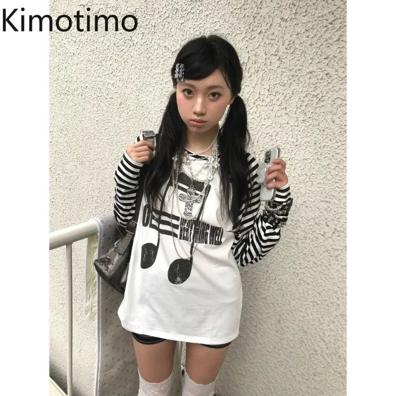 Kimotimo Punk Y2k Music Note Print Long Sleeve Tops Women Vintage Stripe Patchwork Casual Grunge T-shirt Autumn Harajuku Tees