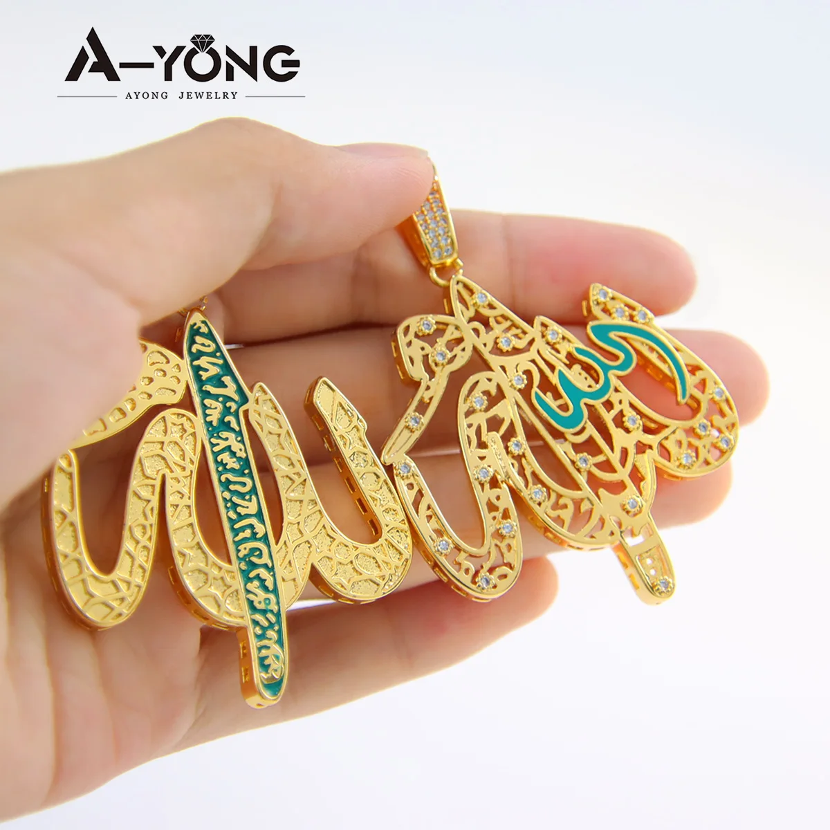 AYONG Arab Gold Color Pendant 18k Copper Gold Plated Dubai Saudi Zirconia Necklace Pendants Womens Mens Religious Party Jewelry