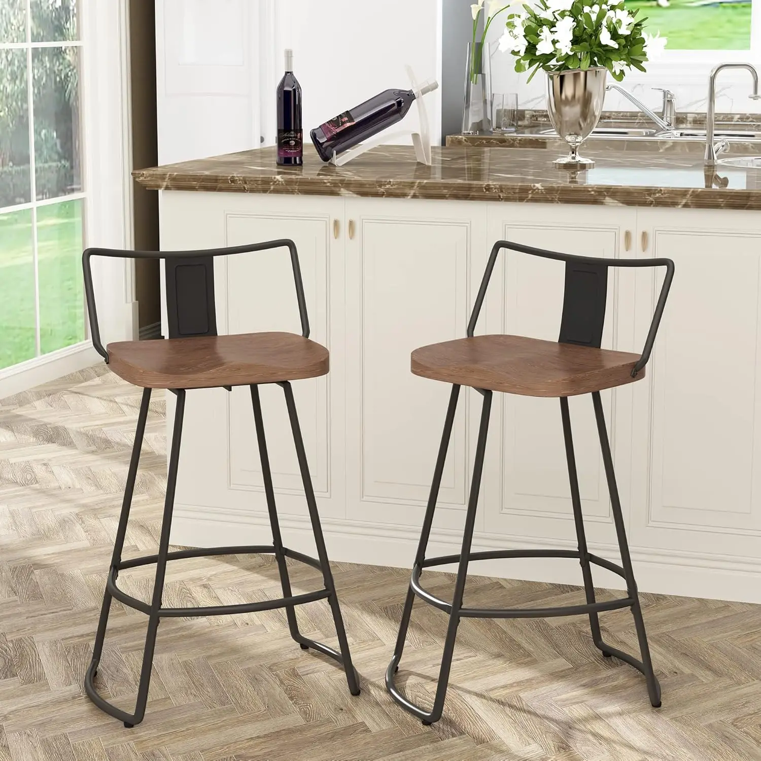 26" Swivel Bar Stools with Backs Set of 2 Metal Counter Height Stools with Wooden Seat Industrial Bar Chairs