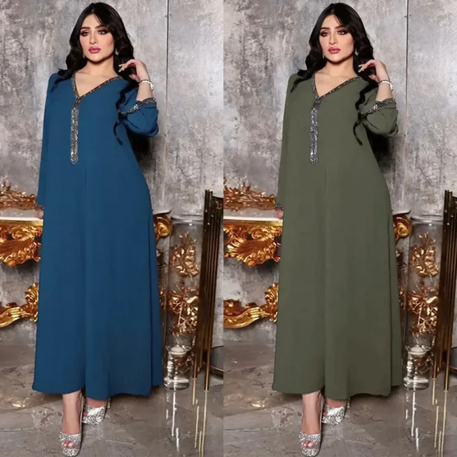 Abayas for Women Summer Elegant Muslim Long Sleeve V-neck Polyester Long Maxi Dress Kaftan Muslim Dress Abaya Dubai Outfits