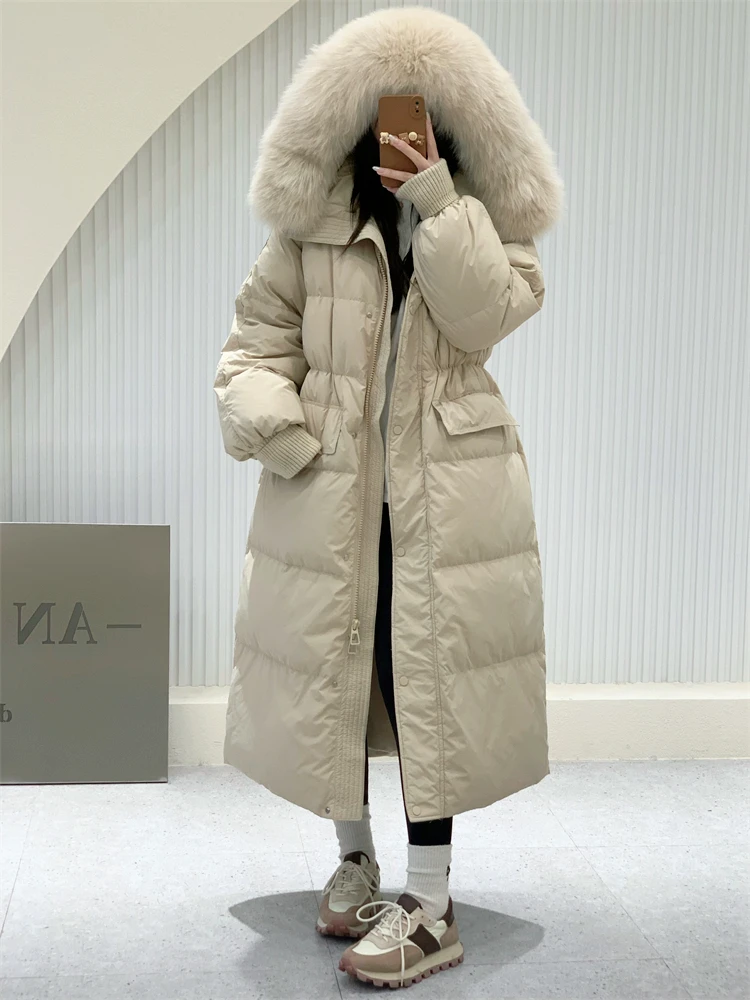 2024 New Winter Women Real Fox Fur Collar Thick Warm Puffer Coat Hooded Down Jacket Luxury Outwear Female Loose Long Parkas