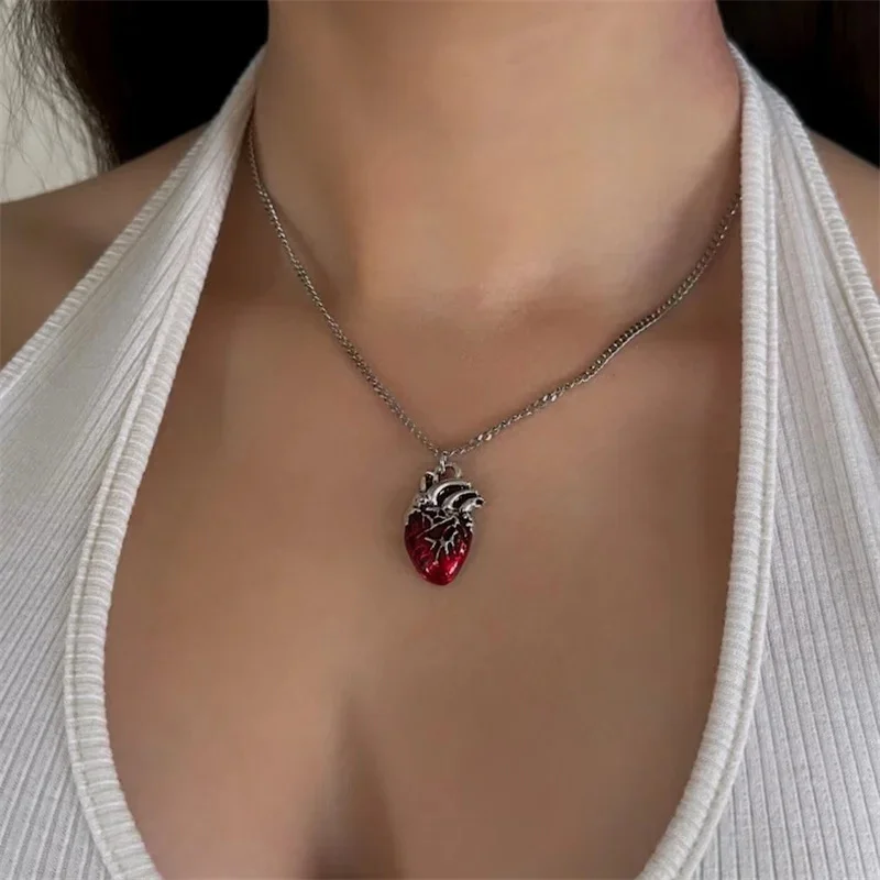 Anatomical red heart necklace gothic y2k grunge jewelry dainty silver color tonebloody red human heart pendant personalized gift