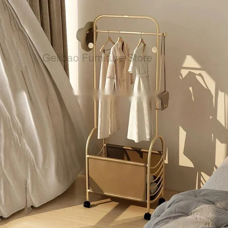 

Hall Rack Entrance Hanger Industrial Clothing Floor Large Wardrobe Steel Shelf Boutique Perchero Ropa De Pie Gold Double Rod