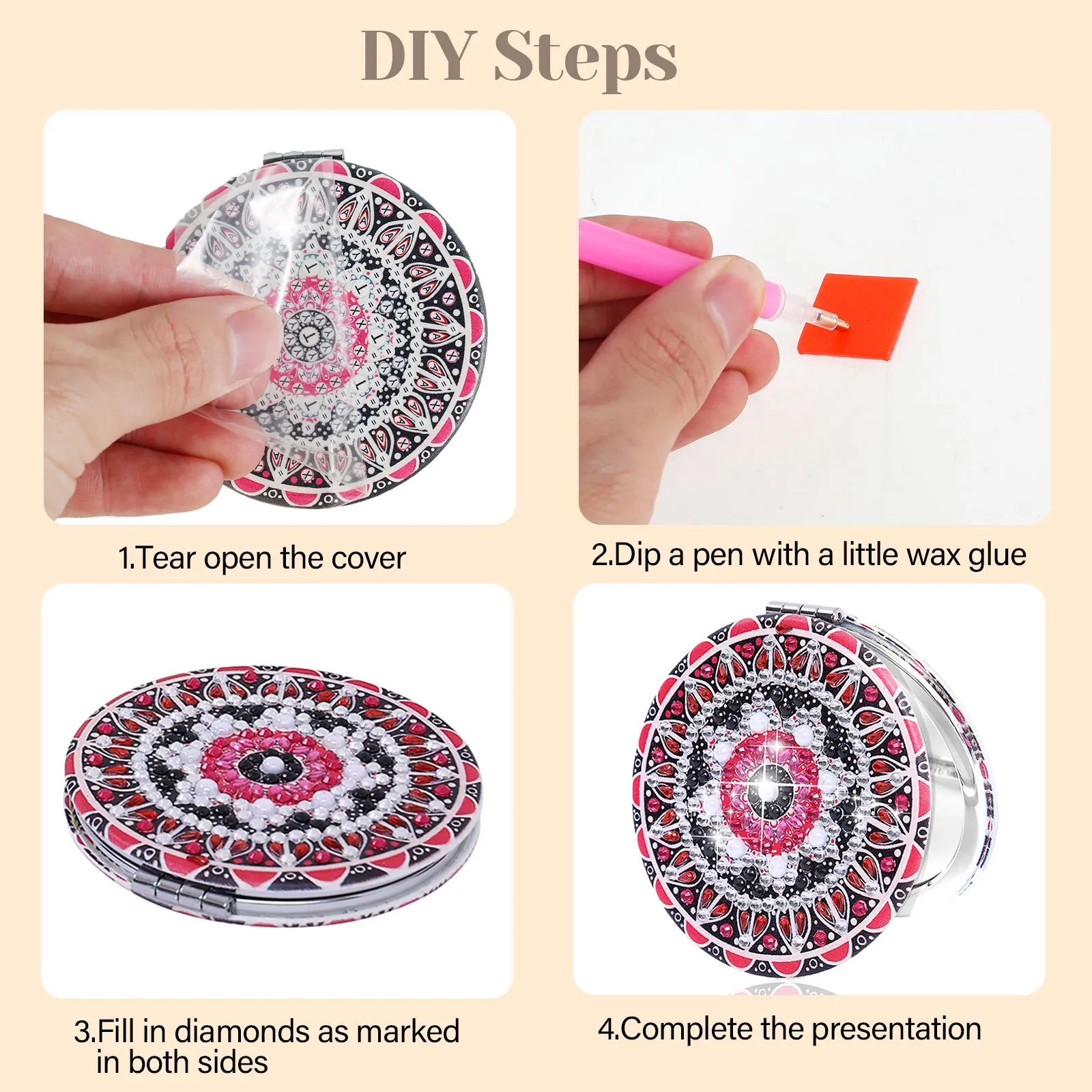 40/20pcs DIY Mandala Mirror Diamond Painting Art Compact Makeup Mirror for Women Portable Folding Paint Craft Cosmetic Mirror