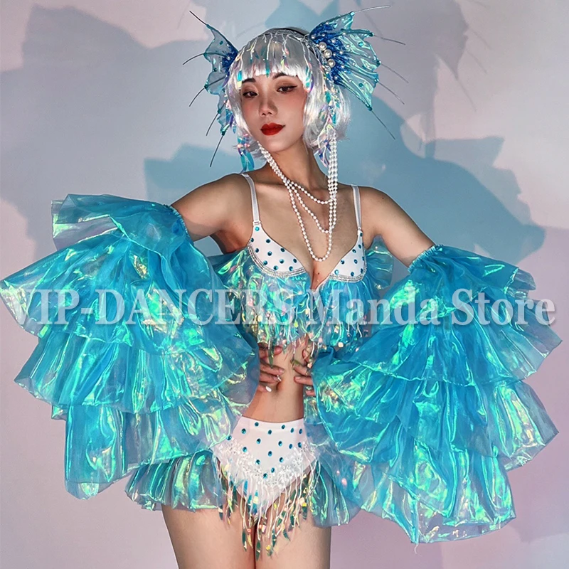 Mermaid Headwear Sexy Rhinestone Bikini Laser Sleeve Nightclub Jazz Dancing Performance Outfit Gogo Dancer Costumes VDB5325