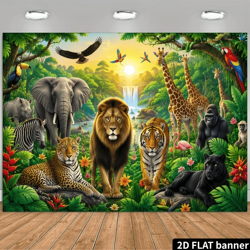 Safari Jungle Animals Lion Tiger Elephant Giraffe 2DFlat Tapestry Backdrop For Kids Room DecorZoo Wildlife Wall Hanging ArtPrint