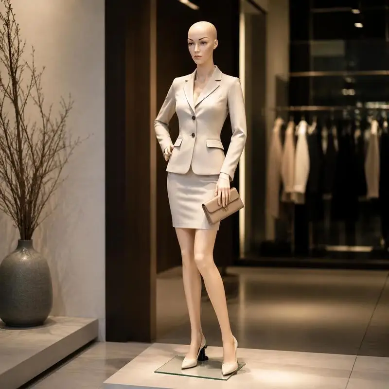 Mannequin de vitrine féminin 103,8 x 37 x 36 cm couleur beige, structure modulaire en 6 pièces, tête et bras rotatifs, livraison locale