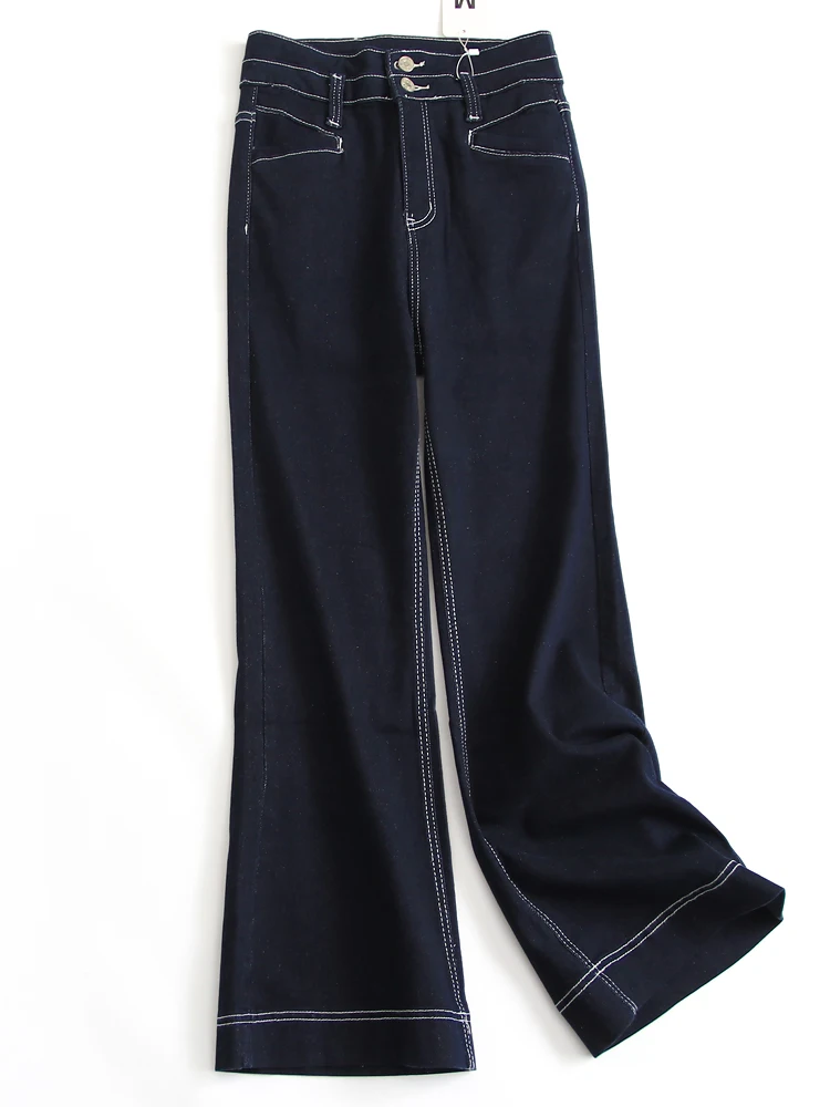 Deep Blue Slim High Waist Wide Leg Pants Loose Fitting Denim Micro Flared Women's Jeans Cover up Versatile G652