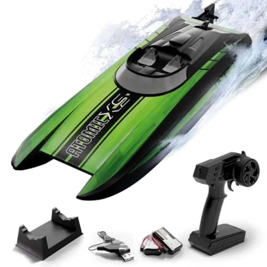 

RC boat for pools and lakes, ABS plastic, green, 30+MPH high speed with reverse function and dual batteries