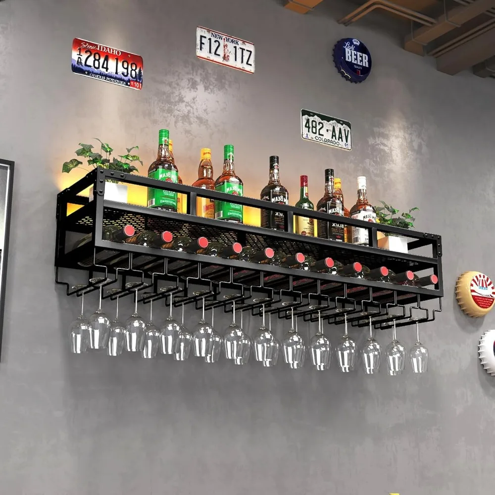 Pengfei led rack de vinho montado na parede, prateleira de vinho de parede de metal industrial e suporte de vidro, grandes prateleiras flutuantes armazenamento de garrafa de vinho