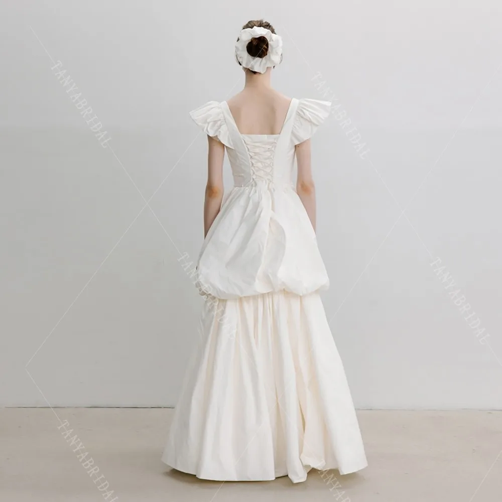 Customized Square Collar Taffeta Bridal Gown A Line Floor Length Lace Up Back Simple Sleeveless Wedding Dress G4918